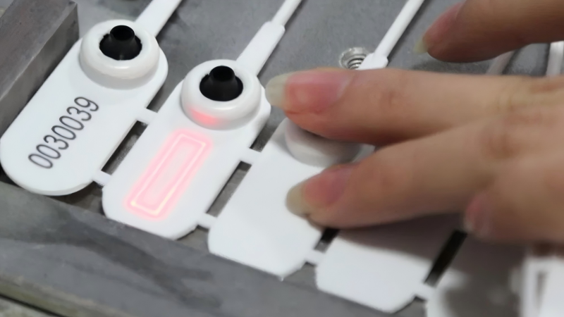 A high-quality laser engraved logo on a plastic security seal.